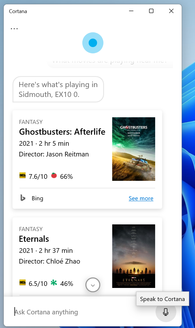 Cortana can also tell you about local restaurants or cinema times